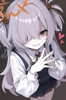 1girl black_skirt black_vest blue_archive blush brown_eyes brown_ribbon grey_hair hair_over_one_eye halo highres kanoe_(blue_archive) long_hair open_mouth orange_halo ribbon shaded_face shirt sidelocks skirt solo steepled_fingers tateishi_kureha two_side_up vest wavy_mouth white_shirt