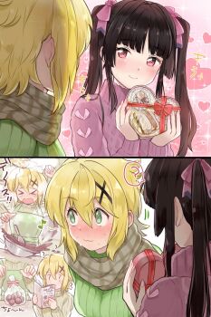 2girls ? akatsuki_kirika apron arm_up black_hair blonde_hair blush box closed_mouth cooking embarrassed green_apron green_eyes green_sweater hair_between_eyes hair_ornament heart-shaped_box highres long_hair multiple_girls musical_note pink_sweater red_eyes ribbed_sweater runawate56 senki_zesshou_symphogear short_hair smile speech_bubble split_screen sweatdrop sweater tsukuyomi_shirabe x_hair_ornament yuri