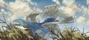 absurdres blue_cape cape cloud commentary_request day facing_away fantasy grey_hair highres long_hair original outdoors paru_(parucom) scenery solo standing twintails