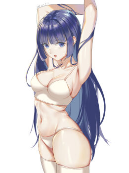 Rule 34 | 1girl, absurdres, armpits, arms up, bra, breasts, cleavage, commentary request, highres, hime cut, honkai (series), honkai impact 3rd, large breasts, long hair, looking at viewer, open mouth, panties, pppeng, purple eyes, purple hair, raiden mei, raiden mei (apho), solo, stretching, thighhighs, underwear, white background, white bra, white panties, white thighhighs