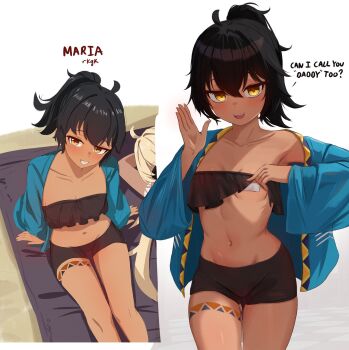 2girls armpits bandaid bandaid_on_breast beach_mat bikini bikini_top_lift black_hair black_shorts blue_jacket blush breasts brown_eyes clothes_lift collarbone covered_erect_nipples english_text from_above hand_up highres jacket lifting_own_clothes long_hair looking_at_viewer maria_(mockingeu) mockingeu multiple_girls multiple_views naughty_face navel original ponytail ruffle_bikini sharp_teeth short_shorts shorts sitting small_breasts smile standing stomach swimsuit teasing teeth upper_teeth_only