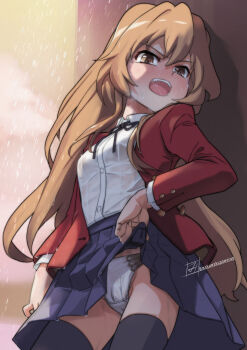1girl aisaka_taiga black_ribbon blazer blush brown_eyes brown_hair clothes_lift collared_shirt embarrassed hair_between_eyes highres jacket lifting_own_clothes loli long_hair long_sleeves looking_at_viewer neck_ribbon oohashi_high_school_uniform open_mouth panties pleated_skirt rain red_jacket ribbon school_uniform shirt skirt skirt_lift solo thighhighs toradora! underwear wakuwakupowerup wet wet_clothes wet_shirt white_panties white_shirt