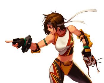 00s bandana brown_hair dnf dungeon dungeon_and_fighter elbow_pads fighter fingerless_gloves gauntlets gloves grappler_(dungeon_and_fighter) highres leotard mask no_mask pointing reveal short_hair unitard wrestler wrestling_mask