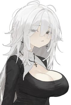 1girl absurdres arch_05x black_dress breasts cleavage cleavage_cutout closed_mouth clothing_cutout cross cross_earrings cross_necklace dress earrings empty_eyes expressionless grey_eyes hair_between_eyes highres jewelry large_breasts long_hair long_sleeves looking_at_viewer messy_hair necklace nun original simple_background solo tight_clothes upper_body white_background white_hair
