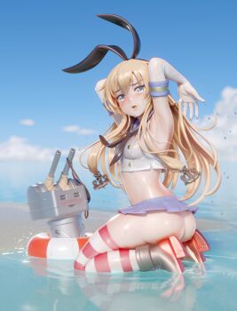 1girl 1other 3d anchor anchor_hair_ornament armpits ass beach blender_(medium) blonde_hair blue_eyes blue_skirt blush bottomless breasts cloud crop_top day elbow_gloves gloves hair_ornament hairband highres kantai_collection lifebuoy long_hair looking_at_viewer medium_breasts microskirt miniskirt no_panties open_mouth pleated_skirt rensouhou-chan sailor_collar school_uniform serafuku shimakaze_(kancolle) skirt swim_ring thighhighs thighs ucupumar water wet white_gloves