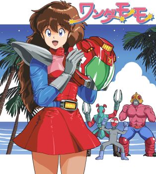 1girl :d armor beach blue_eyes blue_footwear bodysuit brown_hair character_request claws clenched_hand colored_skin copyright_name day dress flexing gloves grey_bodysuit grey_gloves unworn_headwear helmet unworn_helmet highres kanda_momo long_hair long_sleeves muscular muscular_male oggy_(oggyoggy) open_mouth outdoors palm_tree pink_skin red_dress retro_artstyle shoulder_armor smile standing tree wonder_momo