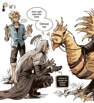 2boys armor bird black_coat black_gloves black_pants black_shirt blonde_hair blue_shirt chocobo cloud_strife coat collared_shirt cup drinking_glass english_text final_fantasy final_fantasy_vii gloves grey_hair highres holding holding_cup long_hair looking_at_another male_focus medium_hair multiple_boys open_clothes open_shirt pants pants_rolled_up parted_bangs pauldrons reins riding riding_bird saddle sephiroth shirt shoulder_armor skar_1004 smile speech_bubble spiked_hair sun undershirt yaoi yellow_bird