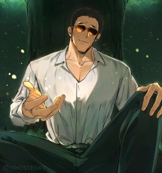 1boy absurdres bara beard beckoning black_hair facial_hair feet_out_of_frame highres kizaru_(one_piece) large_pectorals light_particles looking_at_viewer male_focus mature_male muscular muscular_male one_piece orange-tinted_eyewear pectoral_cleavage pectorals photokinesis shihoritsu short_hair smile solo spread_legs stubble sunglasses thick_beard tinted_eyewear