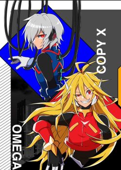 2boys armor blonde_hair blue_armor character_name copy_x_(mega_man) grey_hair guutara hair_over_one_eye long_hair looking_at_viewer male_focus mega_man_(series) mega_man_zero_(series) multiple_boys omega_(mega_man) red_armor red_eyes sharp_teeth short_hair smirk teeth upper_body