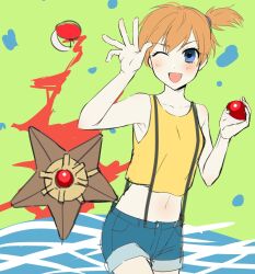 Rule 34 | 1girl, ;d, asymmetrical hair, blue eyes, blue shorts, blush, breasts, cowboy shot, creatures (company), crop top, denim, denim shorts, female focus, game freak, gen 1 pokemon, gym leader, highres, holding, holding poke ball, looking at viewer, midriff, misty (pokemon), navel, nintendo, one eye closed, open mouth, orange hair, poke ball, poke ball (basic), pokemon, pokemon (anime), pokemon rgby, ponytail, shirt, short hair, short shorts, shorts, side ponytail, sleeveless, smile, solo, staryu, suspenders, tank top, wink, yellow shirt, yellow tank top