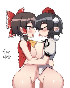 2girls asymmetrical_docking black_hair blush bottomless bow breast_press breasts brown_hair closed_eyes hair_bow hair_tubes hakurei_reimu hat highres hug large_breasts medium_breasts multiple_girls nyanlero open_mouth pointy_ears red_eyes shameimaru_aya short_hair simple_background tokin_hat tongue tongue_out touhou white_hair yuri