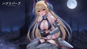 1boy 1girl ahoge armor armored_boots bare_shoulders black_gloves black_thighhighs blonde_hair blush boots breasts chalisha_de_rolland cleavage copyright_name exoskeleton game_cg giant giantess gloves green_eyes haze/reverb headgear high_heel_boots high_heels highres holding in_palm large_breasts long_hair mecha_musume moon navel navigator_(haze/reverb) night official_art open_mouth pubic_tattoo sidelocks smile star_(sky) tattoo thighhighs very_long_hair