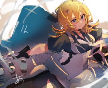 1girl adapted_turret blonde_hair blue_eyes blue_neckerchief blue_shirt blush breasts cannon collared_shirt denim denim_skirt gloves grey_necktie hair_between_eyes hair_ornament hairclip highres kantai_collection large_breasts looking_at_viewer machinery medium_hair neckerchief necktie overskirt rigging ship_turret shirt skirt smile smokestack solo sunday_aki tuscaloosa_(kancolle) two-tone_gloves white_background white_gloves