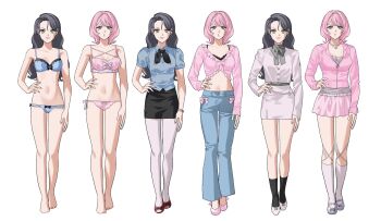 2girls barefoot black_hair black_socks blue_bra blue_pants blue_shirt bow bra bracelet closed_mouth commentary cropped_jacket dekaparfait full_body green_eyes grey_bow grey_eyes grey_shoes hair_between_eyes hand_on_own_hip highres jacket jewelry kneehighs long_hair long_sleeves medium_hair multiple_girls multiple_views open-toe_shoes open_mouth original panties pants pink_bow pink_bra pink_hair pink_jacket pink_panties pink_shoes shirt shoes short_sleeves simple_background smile socks straight-on underwear white_background white_shirt white_socks