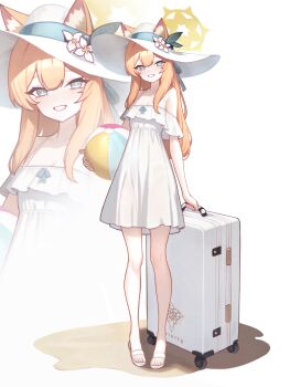 1girl alternate_costume animal_ears ball beachball blue_archive blush breasts cat_ears cleavage collarbone dress ears_through_headwear flower grey_eyes grin halo hat hat_flower highres holding holding_ball holding_beachball long_hair looking_at_viewer mari_(blue_archive) mellow_(srpp4843) off_shoulder orange_hair sandals simple_background small_breasts smile solo suitcase toes white_background white_dress white_flower white_hat yellow_halo zoom_layer