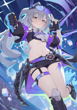 1girl absurdres black_jacket black_shoes blush breasts commentary_request cropped_jacket drill_hair drill_ponytail eyewear_on_head fingerless_gloves gloves gradient-tinted_eyewear grey_eyes grey_hair highres honkai:_star_rail honkai_(series) jacket looking_at_viewer mechanical_tail midriff navel purple-tinted_eyewear shoes short_shorts shorts silver_wolf_(honkai:_star_rail) silver_wolf_(lv.999)_(honkai:_star_rail) single_fingerless_glove single_mechanical_glove small_breasts solo tail thumbs_down tinted_eyewear toki_(1243309499) twin_drills