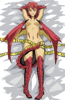 1girl absurdres bed caution_tape convenient_censoring dragon_girl highres hitokuirou lying navel nude on_back original red_eyes red_hair short_hair solo solo_vivace_(hitokuirou) wings