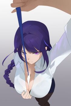 1girl absurdres alternate_costume black_pantyhose braid breasts cleavage collared_shirt dokshuri from_above genshin_impact grey_background highres id_card lingerie long_hair low-braided_long_hair low-tied_long_hair mole mole_under_eye multicolored_hair office_lady pantyhose pencil_skirt purple_eyes purple_hair raiden_shogun see-through_clothes see-through_shirt shirt simple_background skirt solo streaked_hair underwear white_shirt