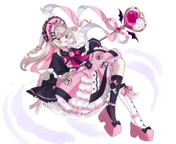 Rule 34 | 1girl, ankle strap, asymmetrical legwear, black bow, black capelet, black ribbon, black sleeves, black socks, blunt bangs, blush, bonnet, bow, bow legwear, brooch, buttons, capelet, chinstrap, colored inner hair, dress, drill hair, fang, floating, footwear bow, frilled bonnet, frilled capelet, frilled dress, frilled sleeves, frills, from side, full body, grey hair, hair intakes, hair ornament, hair ribbon, heart, heart brooch, heart wand, highres, holding, holding wand, jewelry, long hair, long sleeves, looking at viewer, magical girl, makaino ririmu, mismatched legwear, multicolored hair, neck ribbon, nerunayo u, nijisanji, official alternate costume, official alternate hairstyle, open mouth, petticoat, pink bow, pink dress, pink hair, pink ribbon, pink shoes, pink streaks, platform shoes, pointy ears, puffy long sleeves, puffy sleeves, red eyes, red ribbon, ribbon, shoes, sidelocks, simple background, socks, solo, star-shaped pupils, star (symbol), streaked hair, symbol-shaped pupils, two-tone hair, two side up, virtual youtuber, wand, white background, white bow, white ribbon, white socks, winged heart, winged wand, x hair ornament