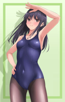 Rule 34 | 1girl, akippoi 0919, black hair, black pantyhose, blue one-piece swimsuit, breasts, brown eyes, commentary, covered navel, cowboy shot, gradient background, green background, hand on own hip, highres, long hair, medium breasts, new school swimsuit, one-piece swimsuit, original, pantyhose, pantyhose under swimsuit, school swimsuit, shaded face, smile, solo, standing, swimsuit, wet one-piece swimsuit