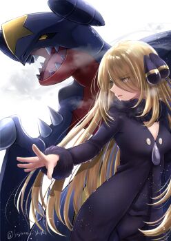 Rule 34 | 1girl, artist name, black coat, black sclera, blonde hair, breasts, coat, colored sclera, commentary request, cynthia (pokemon), dragon, eyelashes, fujimori shiki, fur-trimmed coat, fur trim, garchomp, gen 4 pokemon, grey eyes, hair ornament, hair over one eye, highres, long hair, long sleeves, looking to the side, nintendo, open mouth, pokemon, pokemon (creature), pokemon dppt, sharp teeth, spikes, spread fingers, teeth, tongue, very long hair, watermark, yellow eyes