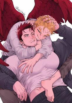 2boys artist_name bara barefoot beard_stubble blonde_hair boku_no_hero_academia closed_eyes closed_mouth commentary_request endeavor_(boku_no_hero_academia) facial_hair feathers from_behind grey_jacket hand_on_another&#039;s_head hawks_(boku_no_hero_academia) hug jacket looking_at_another ma_(maa21maa) male_focus multiple_boys muscular muscular_male one_eye_closed red_feathers red_hair red_wings scar scar_across_eye scar_on_face shirt smile stubble twitter_username white_background white_shirt wings yaoi