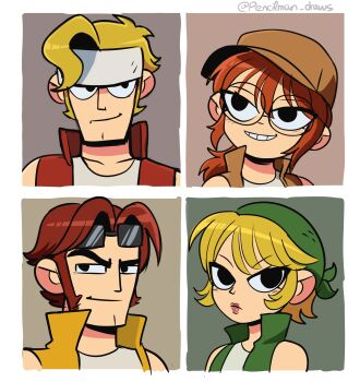 2boys 2girls absurdres bandana black_eyes blonde_hair brown_hair brown_hat brown_vest bryan_lee_o&#039;malley_(style) commentary english_commentary fio_germi frown glasses green_bandana green_vest grin hat headband highres kasamoto_eri long_sideburns marco_rossi metal_slug multiple_boys multiple_girls parody pencilman_draws ponytail raised_eyebrow red_hair red_vest scott_pilgrim_(series) short_hair sideburns smile style_parody sunglasses tarma_roving twitter_username vest white_headband yellow_vest
