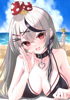 2girls beach belt_collar bikini black_bikini black_collar breasts collar earrings fang hair_ornament heart heart_collar highres hololive jewelry kazama_iroha large_breasts mimiquilike multicolored_hair multiple_girls mushroom_on_head open_mouth red_eyes sakamata_chloe skin_fang streaked_hair swimsuit virtual_youtuber x_hair_ornament