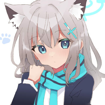 1girl animal_ear_fluff animal_ears blue_archive blue_eyes blue_halo blue_jacket blue_necktie blue_scarf closed_mouth commentary_request cross_hair_ornament earrings extra_ears hair_ornament halo highres jacket jewelry looking_at_viewer medium_hair necktie open_clothes open_jacket saibashi_(develop_komono) scarf shiroko_(blue_archive) shirt solo stud_earrings white_shirt wolf_ears wolf_girl