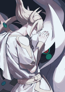 1boy arceus blonde_hair closed_eyes commentary_request elemoncake gen_4_pokemon highres hug legendary_pokemon male_focus mythical_pokemon nintendo official_alternate_costume official_alternate_hairstyle open_mouth pokemon pokemon_(creature) pokemon_legends:_arceus red_eyes volo_(pokemon)