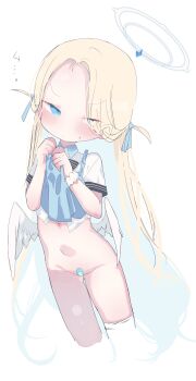 1girl angel_wings apron apron_lift bandaid bandaid_on_pussy blonde_hair blue_apron blue_archive blue_eyes blush bottomless closed_mouth clothes_lift cropped_legs forehead hair_ribbon halo lifting_own_clothes loli long_hair looking_at_viewer low_wings navel pushun_(muteki) ribbon scrunchie shirt short_sleeves simple_background solo sora_(blue_archive) thighhighs two_side_up very_long_hair white_background white_shirt white_thighhighs white_wings wings wrist_scrunchie