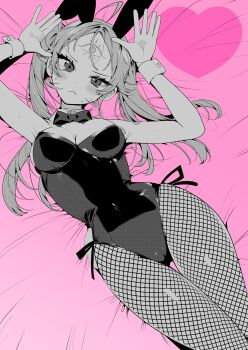 1girl absurdres ahoge animal_ears blush bow bowtie breasts cameltoe chihaya_senri closed_mouth commentary_request detached_collar fishnet_pantyhose fishnets greyscale_with_colored_background heart highres koi_to_senrigan_to_aonisai leotard lying on_back ouchi_kaeru pantyhose playboy_bunny rabbit_ears solo twintails wrist_cuffs
