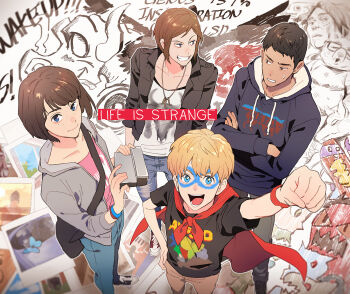 2boys 2girls arm_up blonde_hair blue_eyes brown_eyes brown_hair cape chloe_price chris_eriksen crossed_arms facepaint freckles from_above full_body highres life_is_strange:_before_the_storm life_is_strange_(series) life_is_strange_1 life_is_strange_2 looking_at_another looking_at_viewer max_caulfield multiple_boys multiple_girls red_cape sean_diaz short_hair smile sweatdrop t_k_g the_awesome_adventures_of_captain_spirit