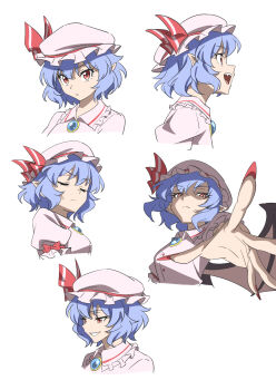 Rule 34 | 1girl, bat wings, blue hair, brooch, expression chart, gyouza (mhea5724), hat, highres, jewelry, looking at viewer, mob cap, pointy ears, red eyes, red nails, remilia scarlet, shirt, short hair, simple background, smile, solo, touhou, white background, white shirt, wings