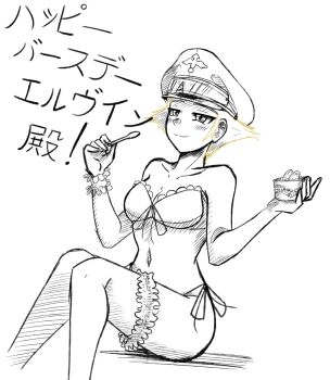 1girl blonde_hair breasts commentary eating english_commentary erwin_(girls_und_panzer) fluffkaiser girls_und_panzer hat holding lace lace_panties lingerie medium_breasts military_hat monochrome narrowed_eyes panties peaked_cap pointy_hair short_hair side-tie_panties sitting sketch smile solo spot_color translation_request underwear