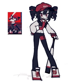 1girl baseball_bat baseball_cap black_hair black_jacket black_pants bright_pupils choker clothes_writing colored_inner_hair colored_shoe_soles colored_skin commentary contrapposto cropped_jacket deformed double-parted_bangs drill_hair full_body hair_between_eyes hand_on_own_hip hat highres holding holding_baseball_bat jacket kasane_teto legs_apart letterman_jacket long_sleeves looking_at_viewer midriff multicolored_hair multicolored_shoes narrow_waist navel no_nose open_clothes open_jacket pants pigeon-toed puffy_long_sleeves puffy_sleeves raglan_sleeves red_choker red_eyes red_hair red_hat red_shirt red_shoes reference_inset sailor_collar screenshot_inset shirt shoelaces shoes short_hair sidelocks simple_background single_eyebrow sleeve_cuffs sleeves_past_wrists solo standing synthesizer_v takawoyu tsurime twin_drills two-tone_hair two-tone_shoes untranslatable_commentary utau v-shaped_eyebrows white_background white_pupils white_sailor_collar white_shoes white_skin white_sleeves yararara_(synthesizer_v)