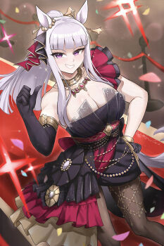 1girl animal_ears asymmetrical_gloves bare_shoulders black_dress black_gloves blunt_bangs blush breasts brown_pantyhose burnt_green_tea commentary dress ear_ornament elbow_gloves english_commentary evening_gown gloves gold_ship_(la_mode_564)_(umamusume) gold_ship_(umamusume) grey_hair grin highres horse_ears horse_girl horse_tail jewelry lace lace_gloves long_hair looking_at_viewer necklace official_alternate_costume official_alternate_hairstyle open_mouth pantyhose ponytail purple_eyes red_carpet single_bare_shoulder smile solo tail teeth umamusume uneven_gloves