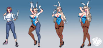 2girls asuna_(blue_archive) asuna_(bunny)_(blue_archive) black_footwear blonde_hair blue_archive blue_eyes blue_leotard blue_pants blue_ribbon blush breasts brown_eyes brown_hair brown_pantyhose character_transformation cleavage commentary covered_navel denim english_commentary gloves gradient_background hair_ribbon high_heels impossible_clothes jeans large_breasts leotard long_hair looking_at_viewer looking_down multiple_girls one_eye_covered open_hands open_mouth original pants pantyhose purple_footwear ribbon sequential shirt short_hair smile surprised thigh_strap transformation vedtom very_long_hair white_gloves white_shirt