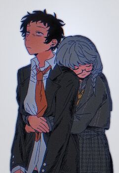 2boys adachi_tooru black_hair black_jacket braid closed_mouth collared_shirt commentary_request crossdressing crossdressing_(mtf) glasses grey_hair grey_shirt grey_skirt hug hug_from_behind jacket long_sleeves male_focus messy_hair multiple_boys narukami_yu neckerchief necktie persona persona_4 red_necktie school_uniform shirt short_hair skirt smile trap unamused yaoi yasogami_school_uniform yellow_neckerchief you_(513310351)