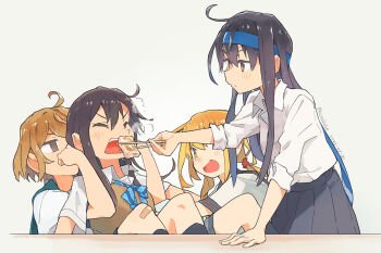 4girls ahoge black_hair black_skirt blonde_hair blue_headband blue_sailor_collar brown_hair brown_sweater_vest closed_eyes collared_shirt cowboy_shot crossover dress_shirt force-feeding hatsushimo_(kancolle) hatsushimo_kai_(kancolle) headband kantai_collection kusakabe_(kusakabeworks) multiple_girls oboro_(kancolle) pleated_skirt restrained sailor_collar satsuki_(kancolle) satsuki_kai_ni_(kancolle) shirt short_hair skirt sweater_vest white_shirt