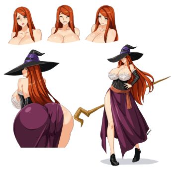1girl absurdres artist_name ass bare_shoulders black_corset black_shoes black_sleeves breasts brown_eyes reference_sheet cleavage collarbone corset curvy detached_sleeves devil-v dragon's_crown dress fantasy frilled_sleeves frills from_behind hand_on_own_hip hat highres huge_ass huge_breasts long_hair looking_at_viewer looking_back mage mature_female open_mouth orange_sash purple_skirt red_hair shiny_skin shoes sideboob simple_background skirt smile solo sorceress_(dragon's_crown) staff strapless strapless_dress white_background wide_hips witch_hat
