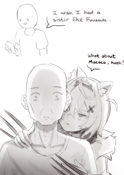 1boy 1girl absurdres animal_ear_fluff animal_ears bald claws commentary dog_ears dog_girl empty_eyes english_commentary english_text fake_horns fur-trimmed_jacket fur_trim greyscale hair_ornament hairband hand_on_another&#039;s_shoulder highres hololive hololive_english horn_hairband horns jacket jitome mococo_abyssgard mococo_abyssgard_(1st_costume) monochrome parted_lips shirt short_hair short_sleeves speech_bubble t-shirt tanukidraws virtual_youtuber x_hair_ornament