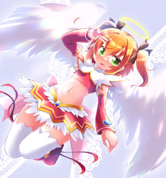 1girl :d angel_wings arm_up back_bow black_ribbon blush boots bow breasts commentary commission crop_top cross-laced_clothes cross-laced_top detached_sleeves double-parted_bangs dutch_angle feathered_wings frilled_thighhighs frills full_body geo_(yukishitadou) gold_trim green_eyes groin hair_between_eyes hair_ribbon halo highres kaitou_tenshi_twin_angel kaitou_tenshi_twin_angel_3 knee_boots lace_background legs_together legs_up long_hair long_sleeves looking_at_viewer magical_girl midair midriff minazuki_haruka_(twin_angel) miniskirt navel open_mouth orange_hair petticoat pink_bow pixiv_commission red_boots red_skirt red_sleeves ribbon shoulder_pads skirt small_breasts smile solo stomach tareme thighhighs twin_angel twintails v white_background white_thighhighs white_wings wide_sleeves wings yellow_halo zettai_ryouiki