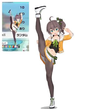 1girl ahoge black_camisole black_pantyhose blue_eyes blush brown_hair camisole cat_hair_ornament cropped_jacket d5y0m flexible green_ribbon hair_between_eyes hair_ornament hair_ribbon highres holding_own_leg hololive jacket leg_lift loli looking_at_viewer miniskirt natsuiro_matsuri natsuiro_matsuri_(1st_costume) navel off-shoulder_jacket off_shoulder open_mouth orange_jacket pantyhose reference_inset ribbon shoes side_ponytail skirt smile split standing standing_on_one_leg standing_split v virtual_youtuber white_background white_shoes white_skirt