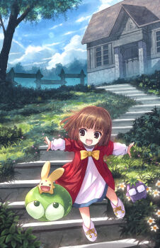 1girl :d arle_nadja brown_eyes brown_hair building carbuncle_(puyopuyo) child cloud day female_focus flower grass happy house madou_monogatari madou_monogatari_ars nasu_grave open_mouth outstretched_arms puyo_(puyopuyo) puyopuyo short_hair sky smile solo spread_arms stairs tree yakka