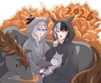 2girls animal_ears black_arm_warmers black_hair blue_eyes carrot commentary ear_covers ear_ornament english_commentary grey_hair hair_bun highres hololive hololive_english hololive_indonesia horse horse_ears horse_girl horse_tail kemonomimi_mode multicolored_hair multiple_girls onesie pajamas platform_heels ribbon shiori_novella soraha_123 split-color_hair squirrel_ears squirrel_girl tail two-tone_hair two-tone_ribbon umamusume vestia_zeta virtual_youtuber white_hair white_ribbon