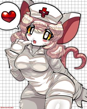 1girl :d absurdres animal_ears blonde_hair blush_stickers breasts bright_pupils cowboy_shot cross fangs finger_to_mouth furry furry_female grid_background hat heart heart_tail highres long_sleeves lorna_(terrible_mouse) mouse_ears mouse_girl mouse_tail murasakigezi nurse nurse_cap open_mouth red_cross signature smile solo spoken_heart standing tail terrible_mouse white_pupils yellow_eyes