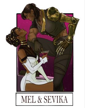 2girls abs arcane:_league_of_legends armor bare_shoulders breasts brown_eyes brown_hair character_name cleavage closed_mouth colored_veins couple cracked_skin crop_top cup dark-skinned_female dark_skin dreadlocks dress drinking_glass earrings from_side glitter_makeup gold_armor gold_tattoo hair_ornament hair_up hand_on_own_hip highres holding holding_cup jewelry league_of_legends leaning_forward looking_down looking_up marceline2174 mechanical_arms mel_(league_of_legends) multiple_girls muscular muscular_female pants parted_lips purple_background sevika_(arcane) shade short_hair short_sleeves shoulder_plates side_slit single_mechanical_arm sitting sleeveless standing upper_body very_dark_skin white_dress wine_glass yuri