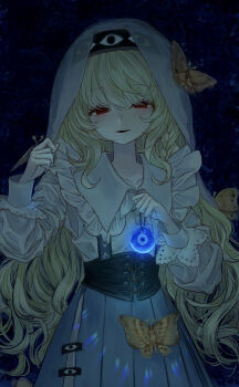 1girl animal black_background black_corset black_eyes blonde_hair blue_skirt bug commentary_request corset cowboy_shot frilled_shirt frills grey_shirt grey_veil hands_up highres holding insect long_hair long_sleeves looking_at_viewer moth night object_request okubatomaeba original parted_lips shirt skirt smile solo swept_bangs veil