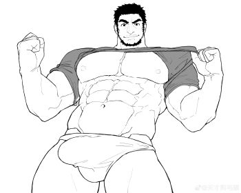 1boy abs absurdres bara bare_pectorals beard biceps bulge clenched_hand clothes_lift cowboy_shot erection erection_under_clothes facial_hair full_beard greyscale groin highres large_pectorals male_focus mature_male monochrome muscular muscular_male mustache_stubble navel nipples no_pants original pectorals shirt_lift short_hair solo standing stomach strongman_waist stubble tekkowang thick_eyebrows thick_thighs thighs v-shaped_eyebrows